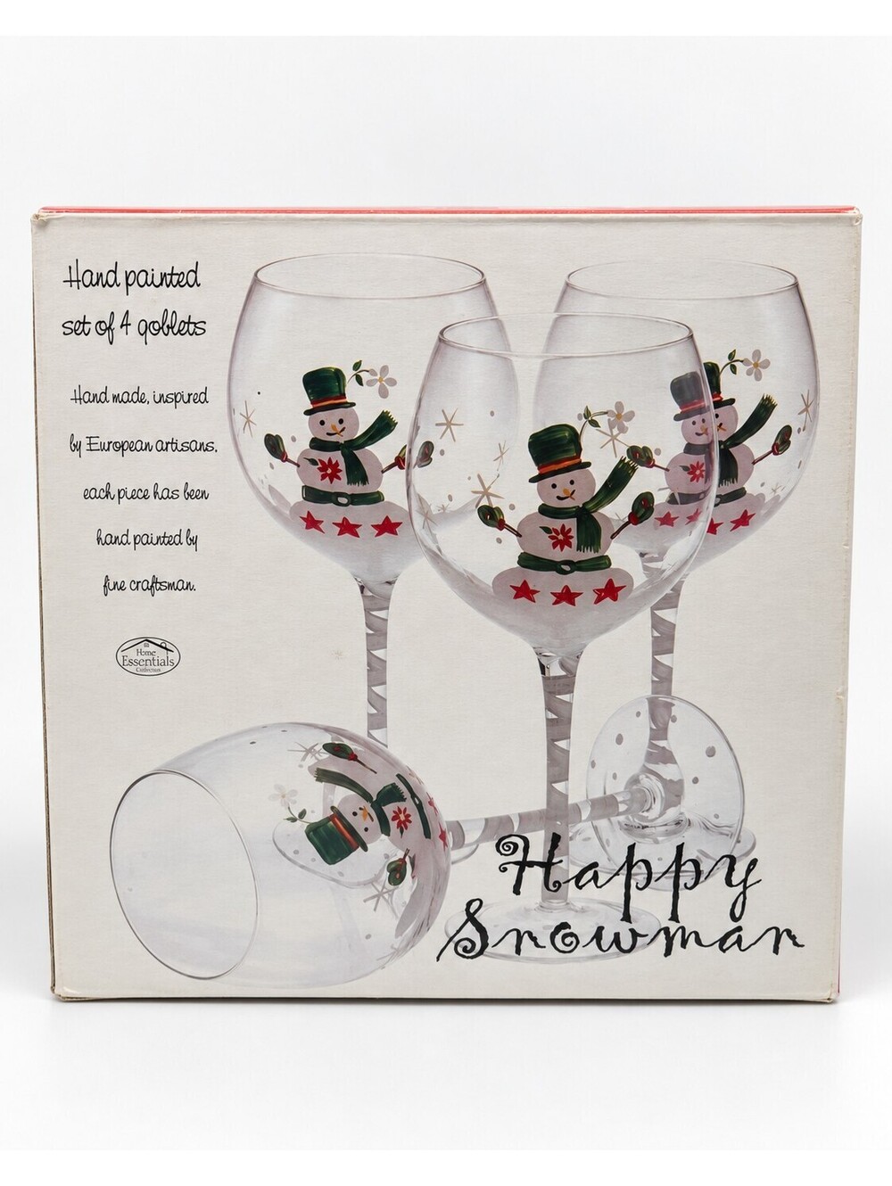 Happy Snowman Hand Painted Wine Goblets Set of 4 Christmas Glasses w/ Box